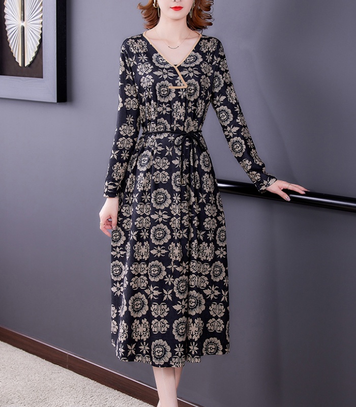 Floral slim temperament long sleeve pinched waist dress