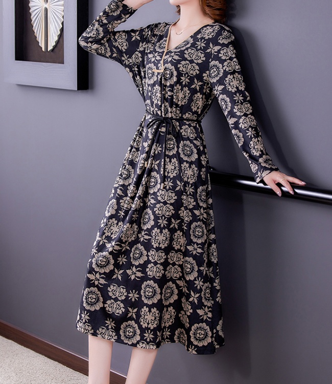 Floral slim temperament long sleeve pinched waist dress