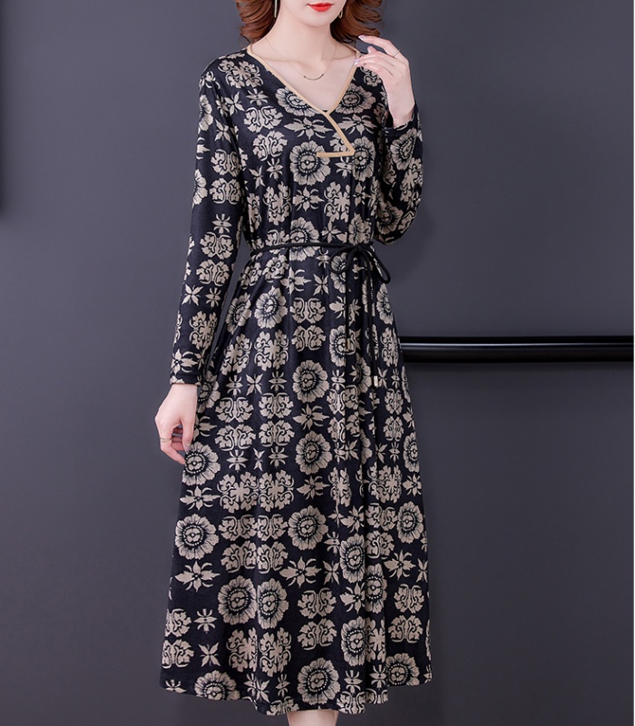 Floral slim temperament long sleeve pinched waist dress