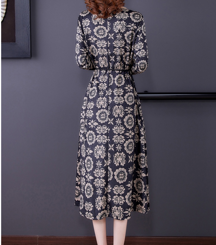 Floral slim temperament long sleeve pinched waist dress
