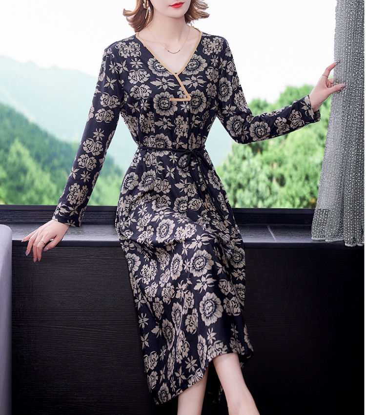 Floral slim temperament long sleeve pinched waist dress