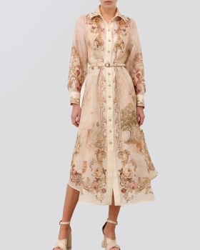 Retro map printing shirt temperament big skirt dress