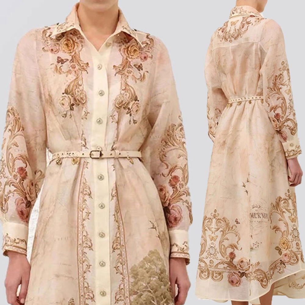 Retro map printing shirt temperament big skirt dress