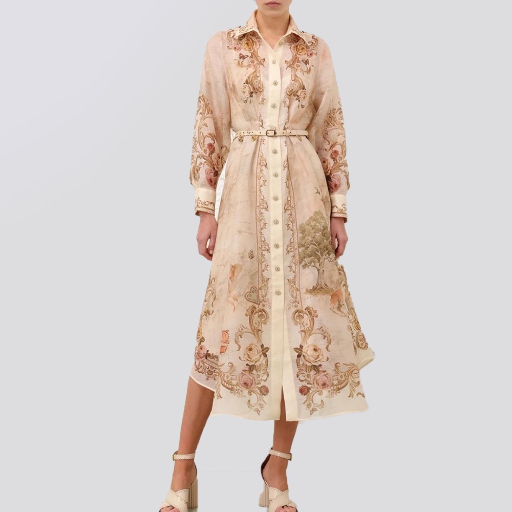 Retro map printing shirt temperament big skirt dress