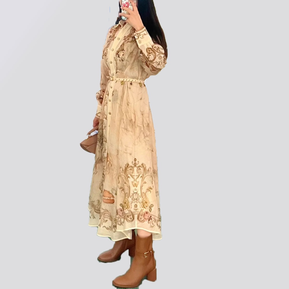 Retro map printing shirt temperament big skirt dress