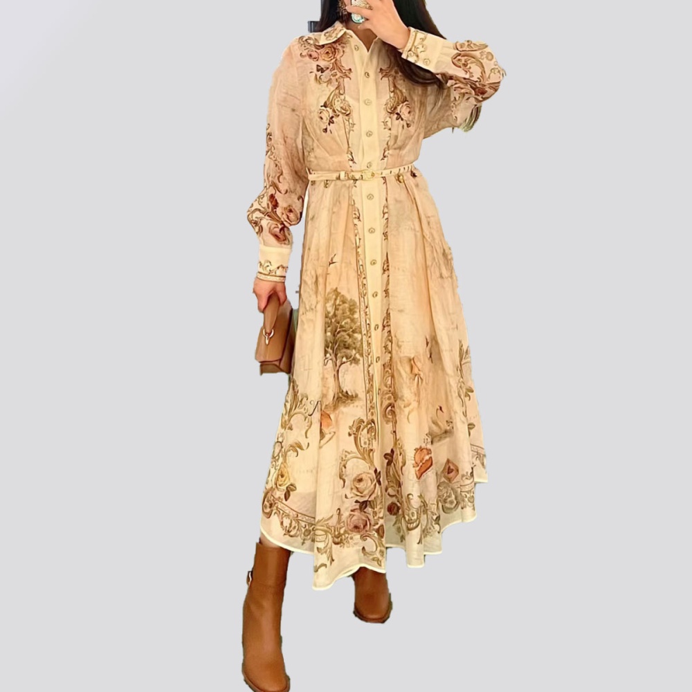 Retro map printing shirt temperament big skirt dress