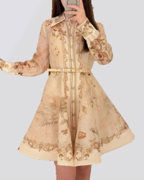 Temperament printing big skirt dress map pocket retro belt