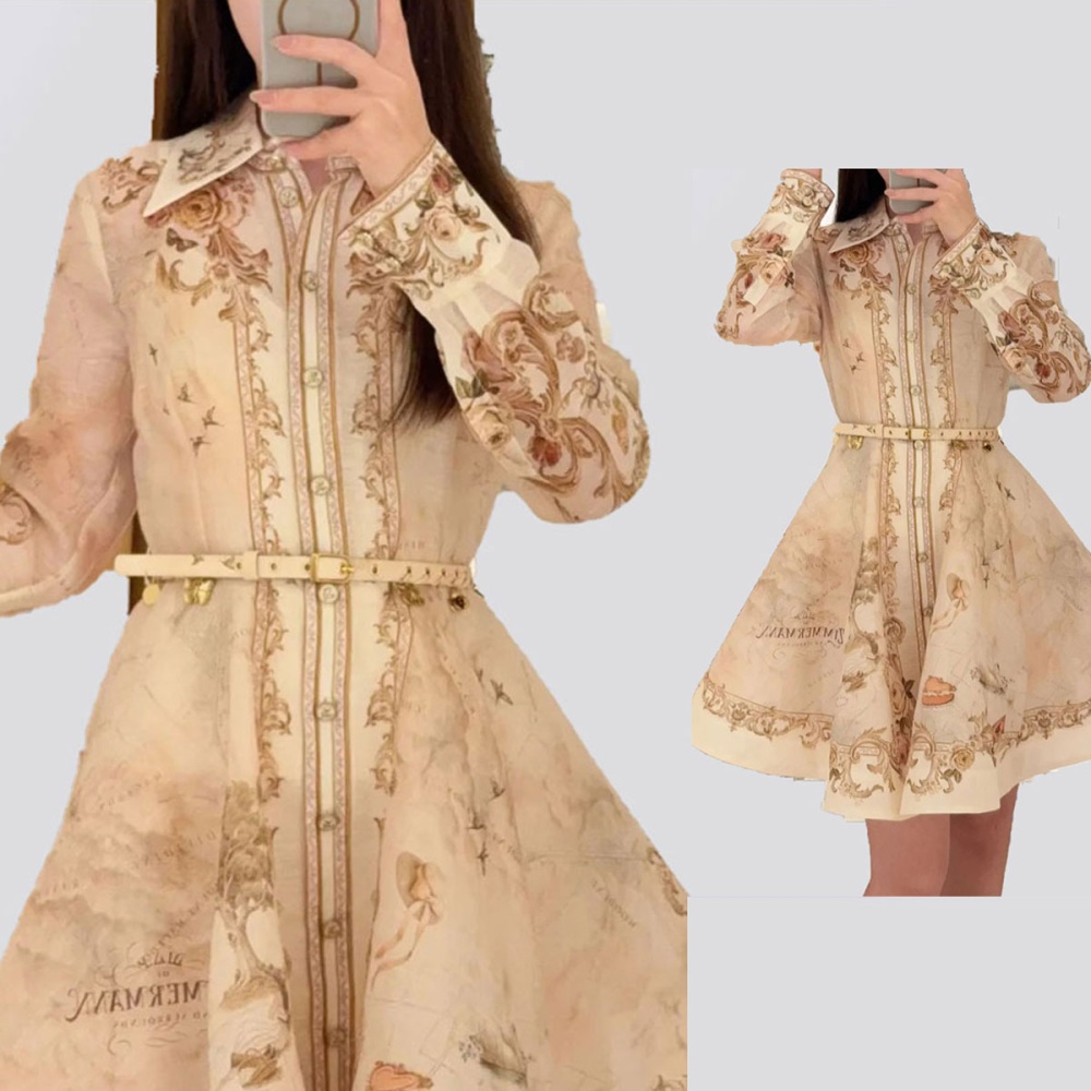 Temperament printing big skirt dress map pocket retro belt
