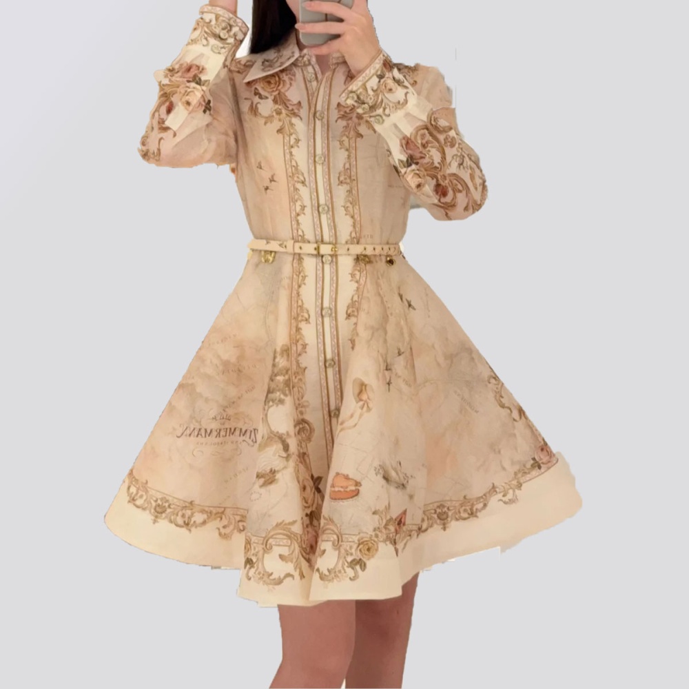 Temperament printing big skirt dress map pocket retro belt