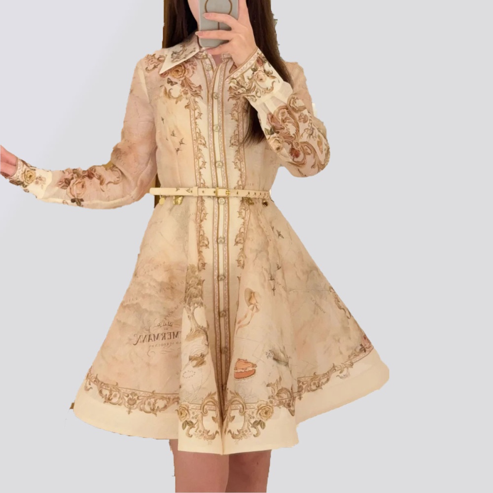 Temperament printing big skirt dress map pocket retro belt