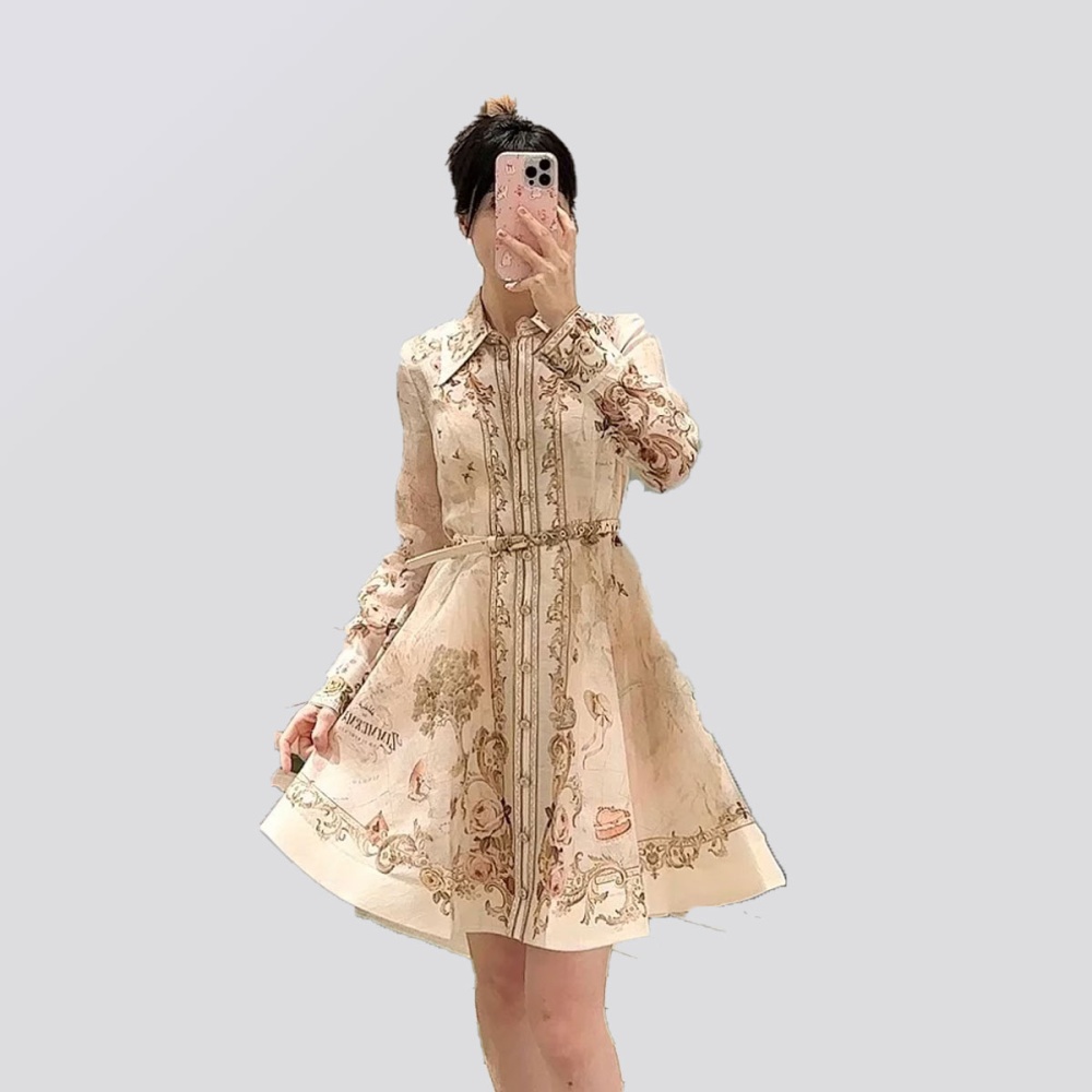 Temperament printing big skirt dress map pocket retro belt