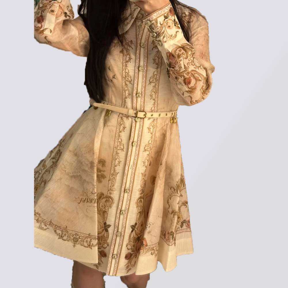 Temperament printing big skirt dress map pocket retro belt