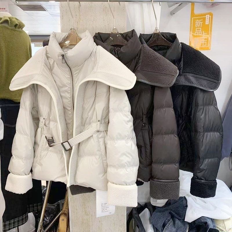 Slim lambs wool tops pinched waist down coat for women