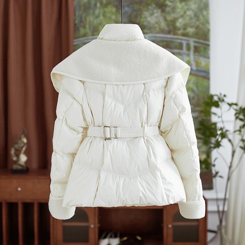 Slim lambs wool tops pinched waist down coat for women
