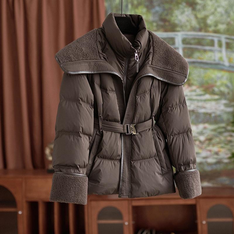 Slim lambs wool tops pinched waist down coat for women