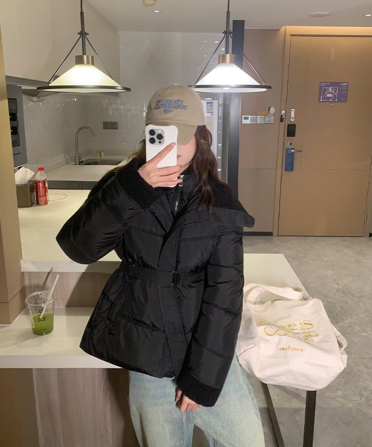 Slim lambs wool tops pinched waist down coat for women