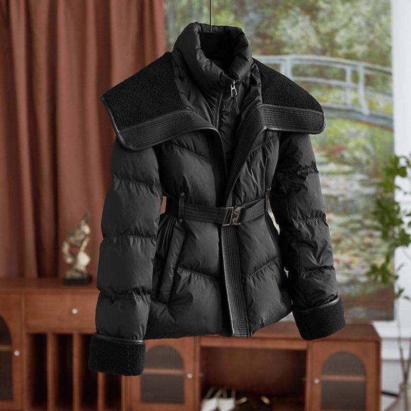 Slim lambs wool tops pinched waist down coat for women