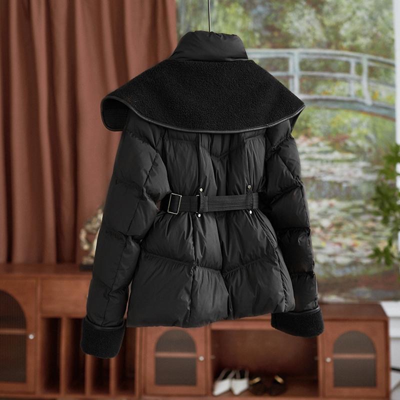 Slim lambs wool tops pinched waist down coat for women