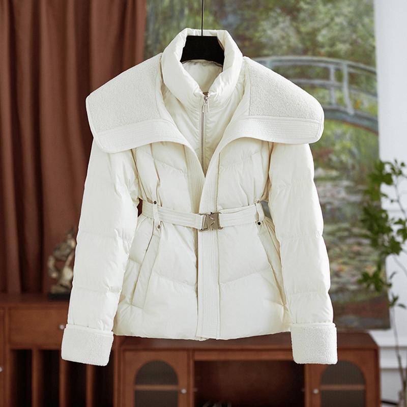 Slim lambs wool tops pinched waist down coat for women