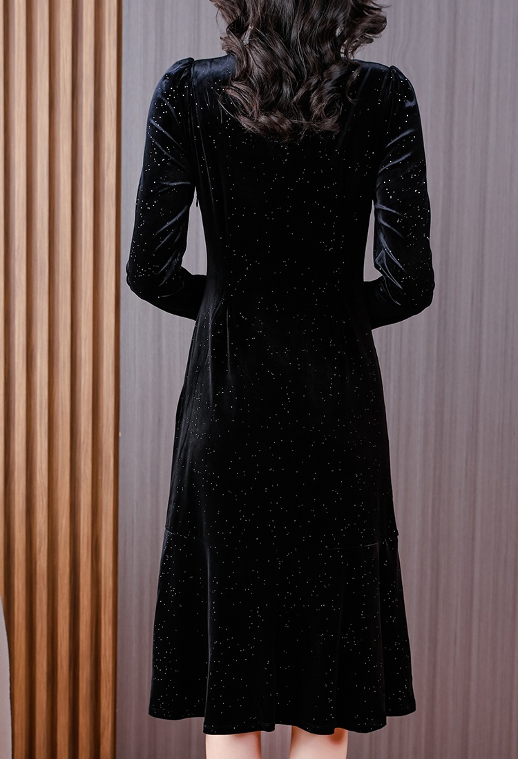 Long sleeve temperament velvet bow dress for women
