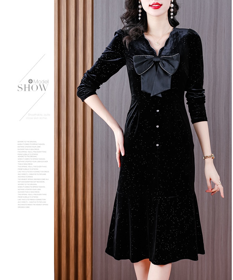 Long sleeve temperament velvet bow dress for women
