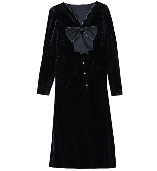 Long sleeve temperament velvet bow dress for women