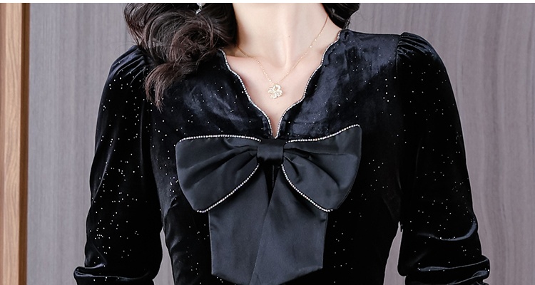 Long sleeve temperament velvet bow dress for women