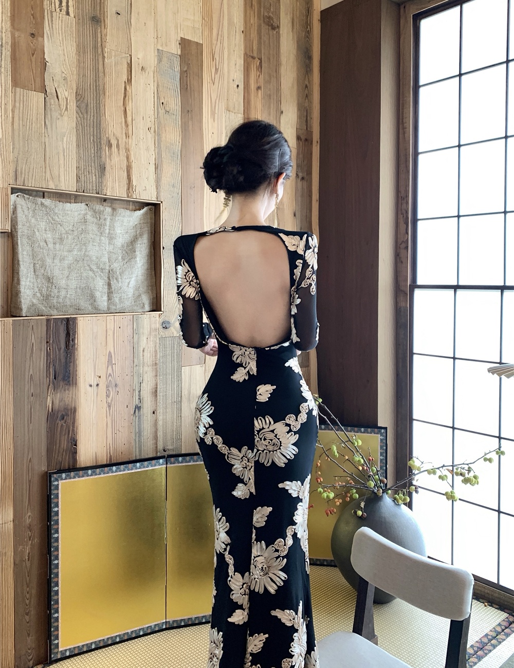 Enticement gauze long dress embroidered black dress