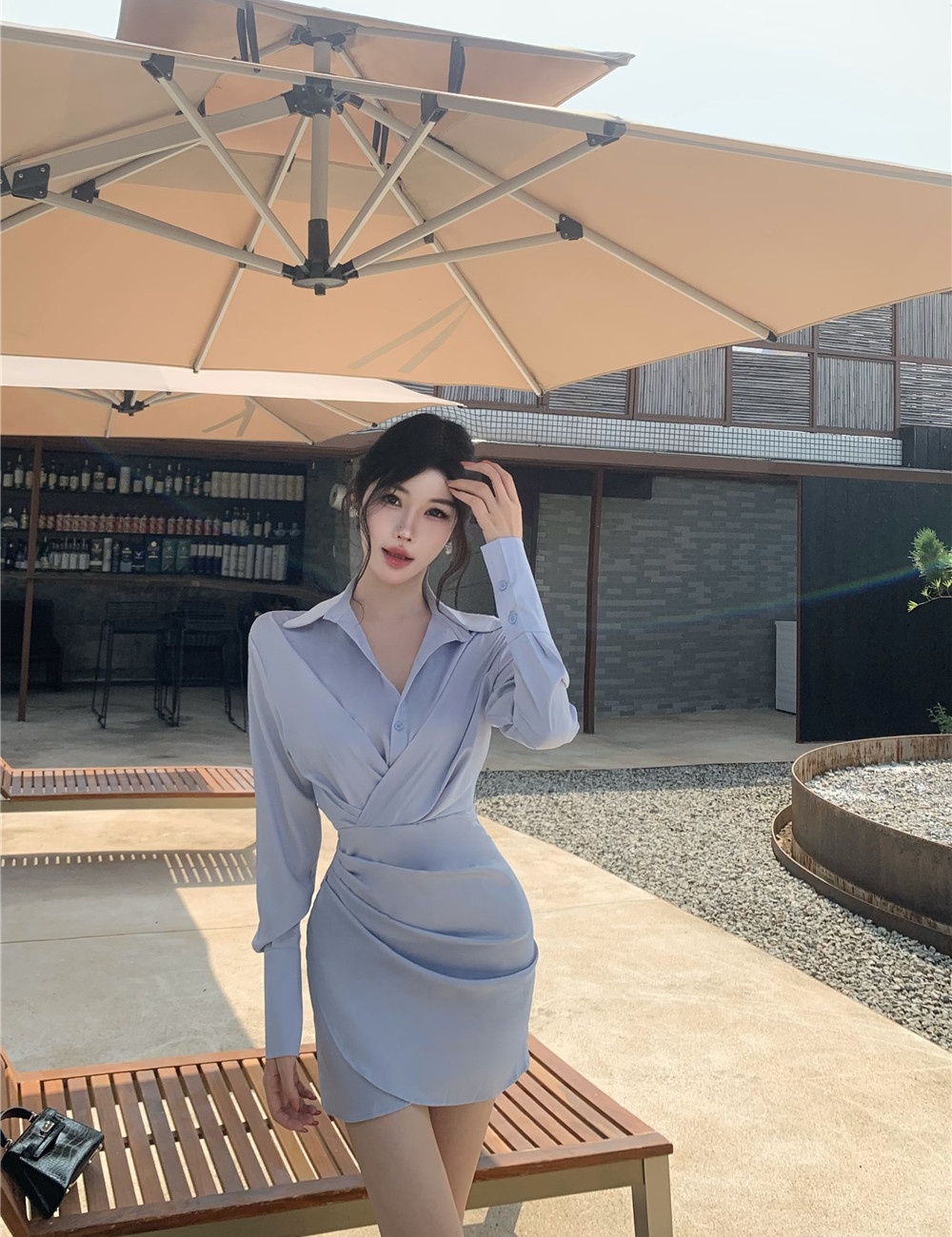 Blue autumn shirt fold irregular T-back for women