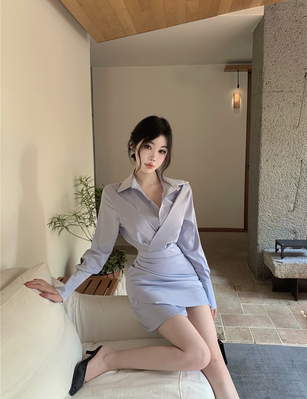 Blue autumn shirt fold irregular T-back for women