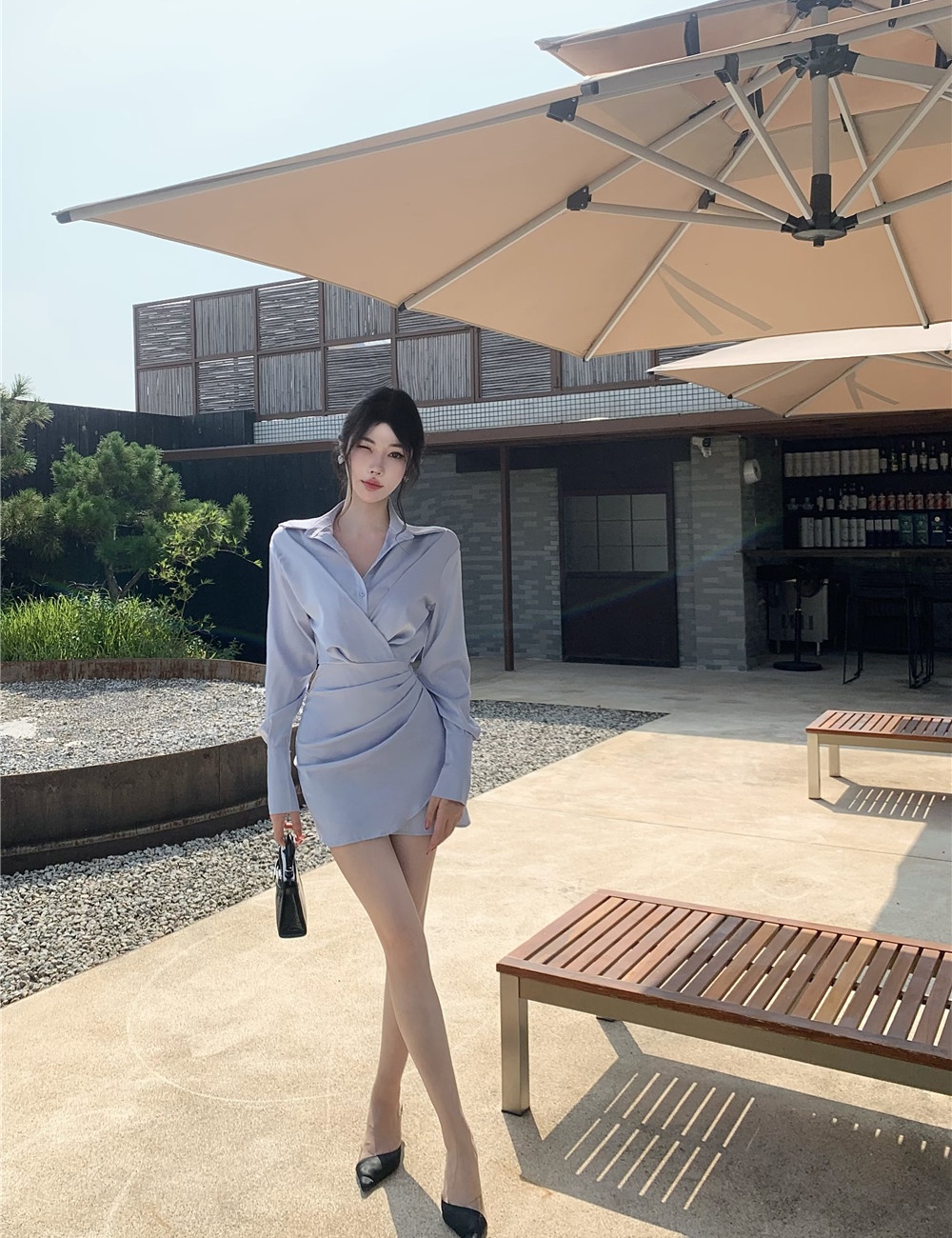 Blue autumn shirt fold irregular T-back for women