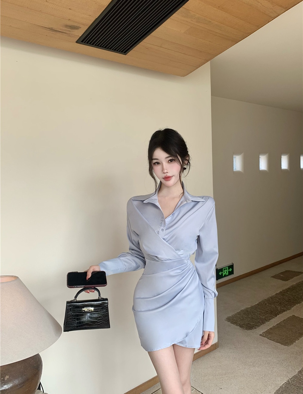 Blue autumn shirt fold irregular T-back for women