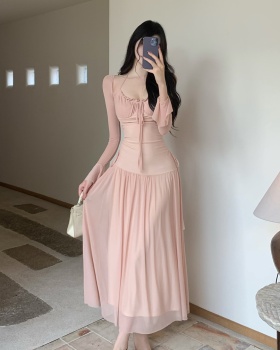 Fold trumpet sleeves drawstring dress autumn gauze long dress