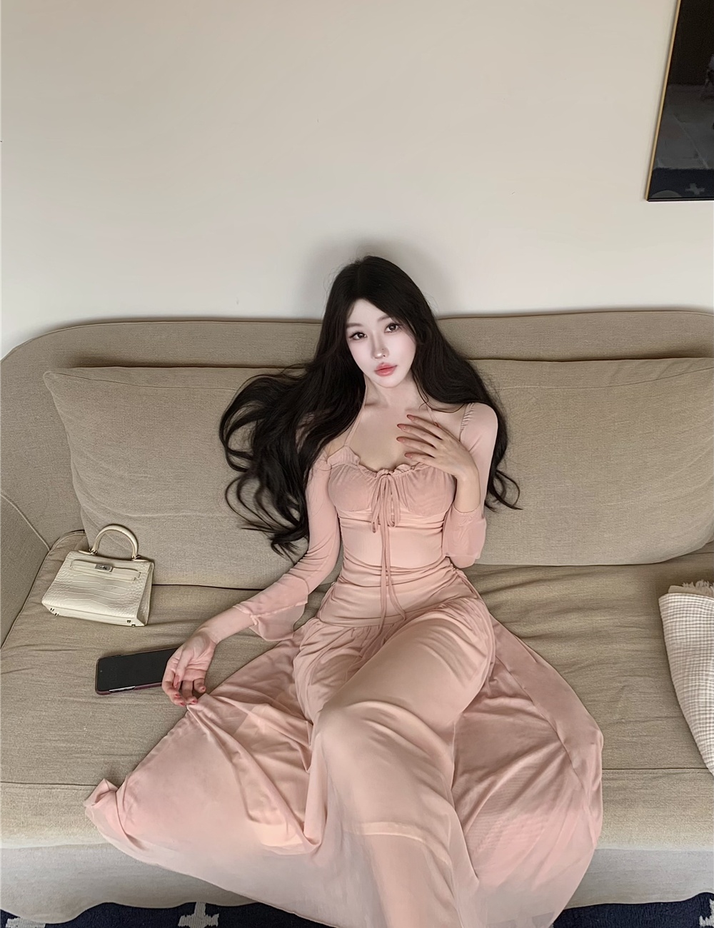 Fold trumpet sleeves drawstring dress autumn gauze long dress