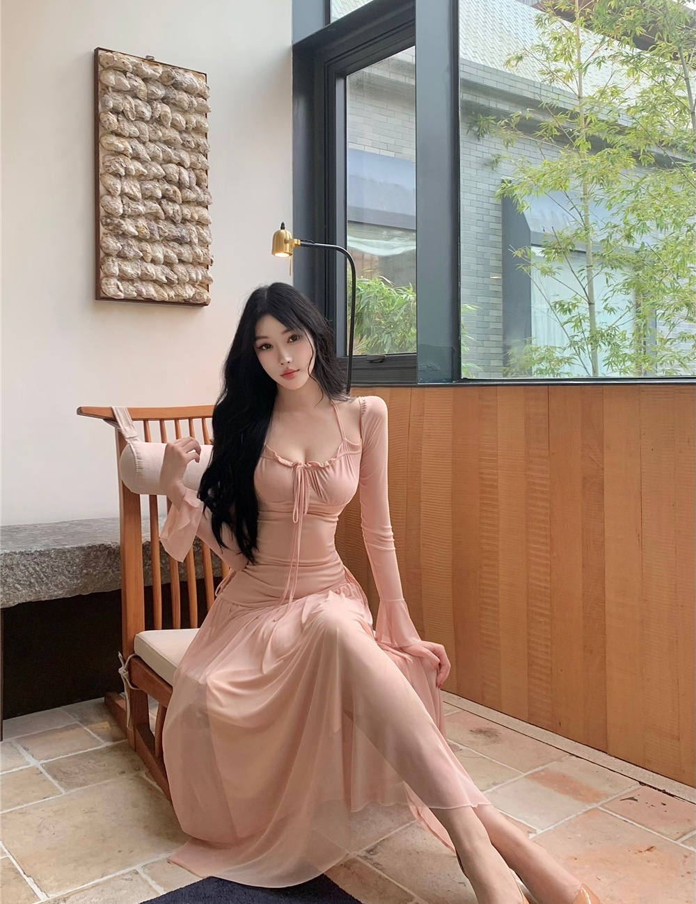 Fold trumpet sleeves drawstring dress autumn gauze long dress