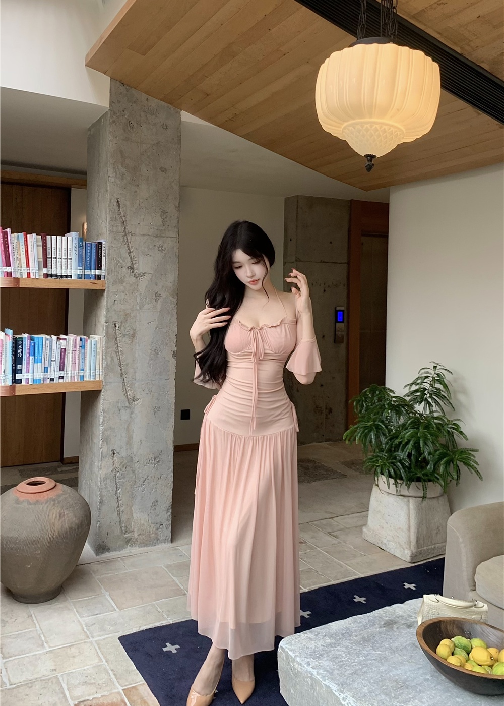 Fold trumpet sleeves drawstring dress autumn gauze long dress