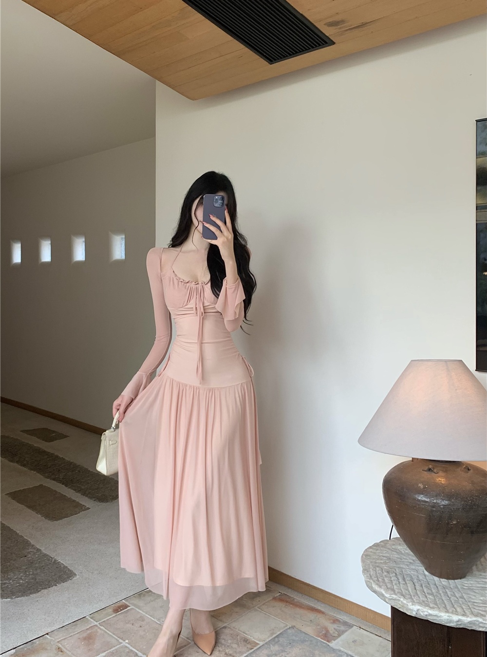 Fold trumpet sleeves drawstring dress autumn gauze long dress