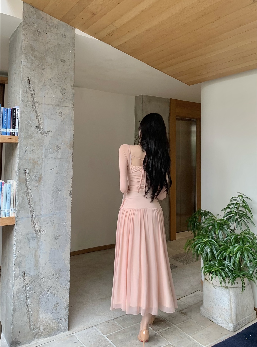 Fold trumpet sleeves drawstring dress autumn gauze long dress