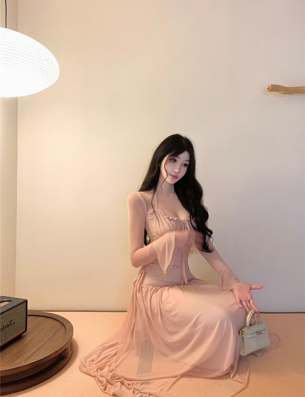 Fold trumpet sleeves drawstring dress autumn gauze long dress