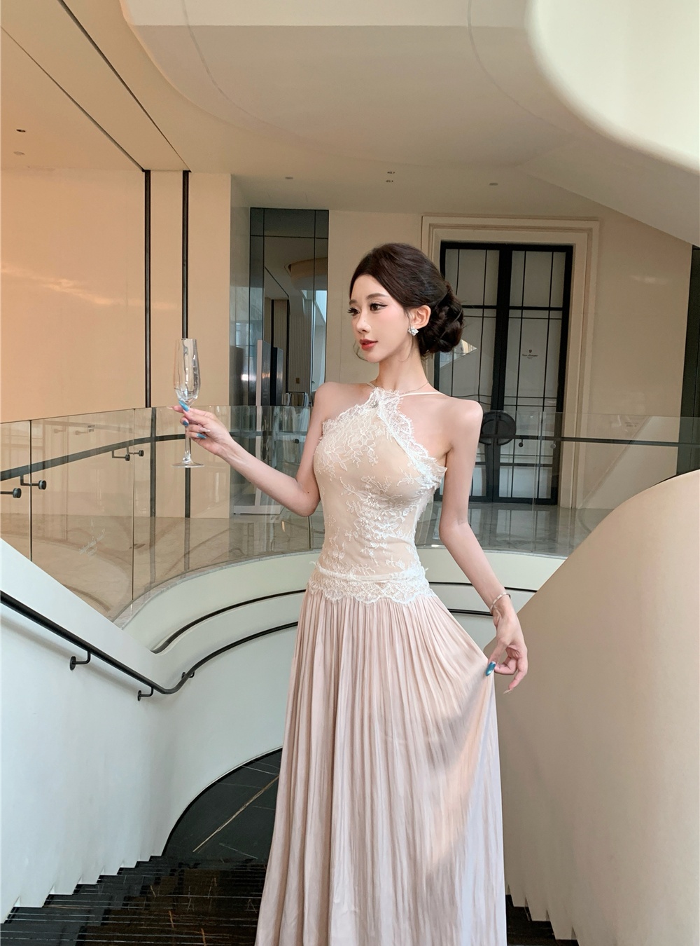 Halter slim long dress pinched waist dress for women
