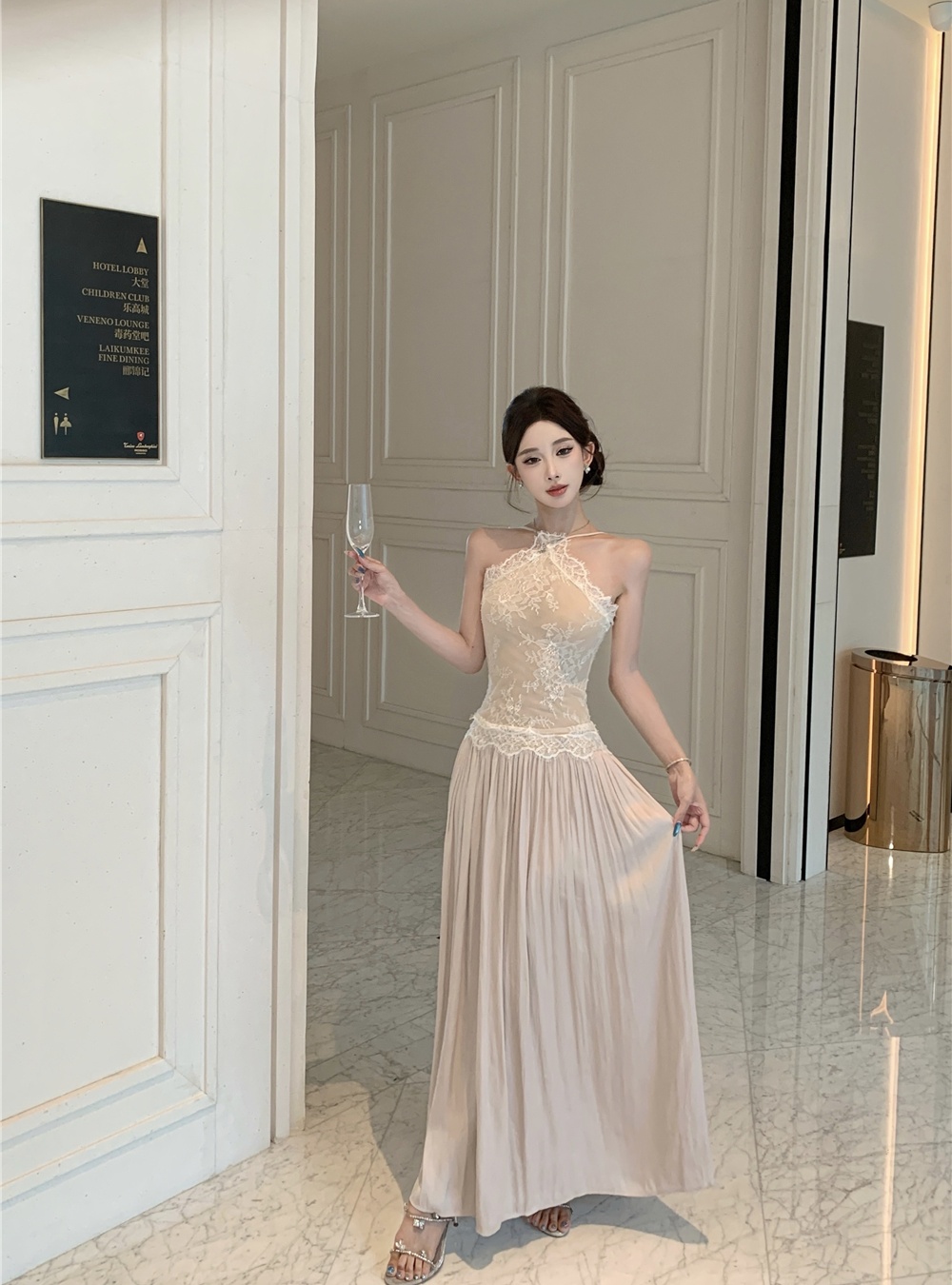 Halter slim long dress pinched waist dress for women