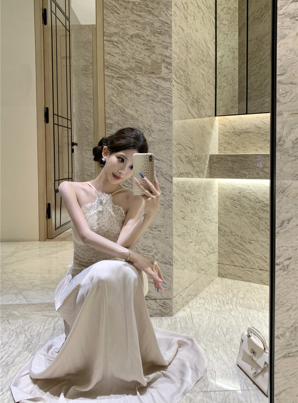 Halter slim long dress pinched waist dress for women