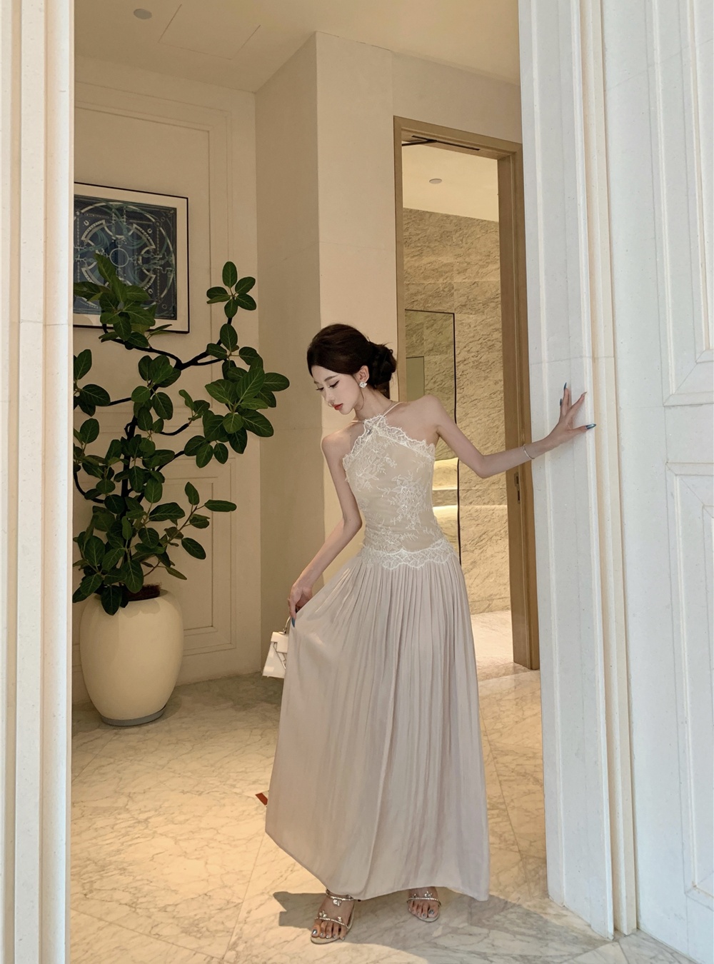 Halter slim long dress pinched waist dress for women