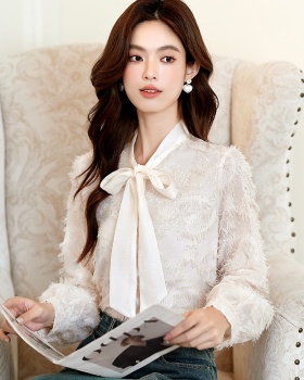 Bow chanelstyle chiffon tops long sleeve white shirt