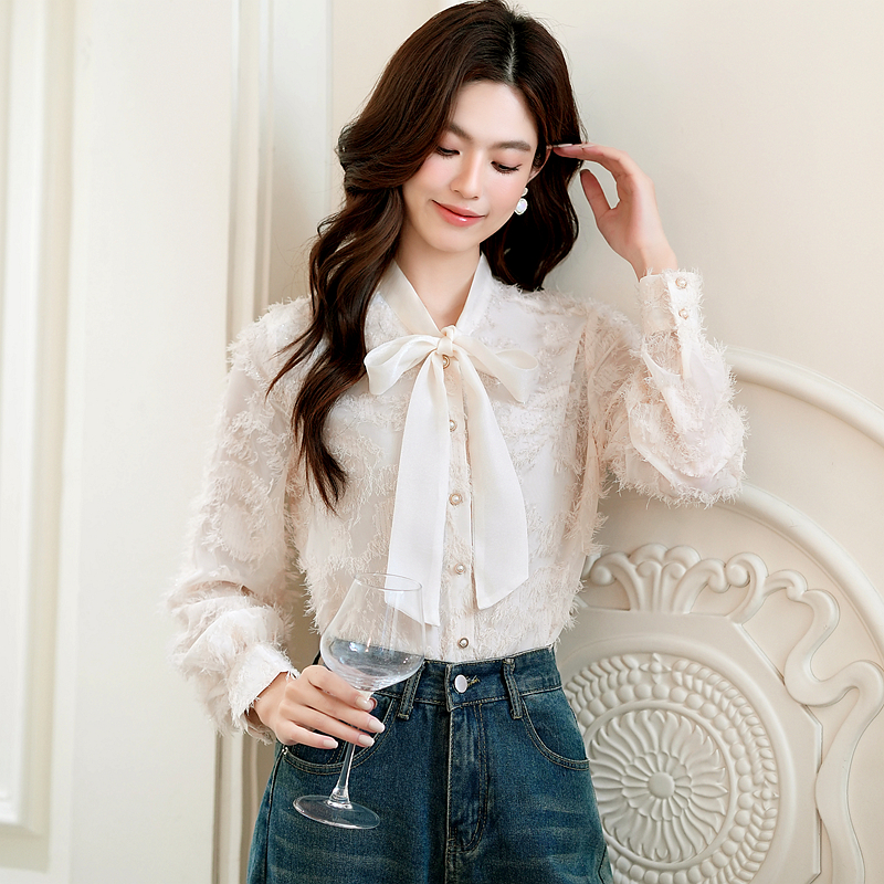 Bow chanelstyle chiffon tops long sleeve white shirt