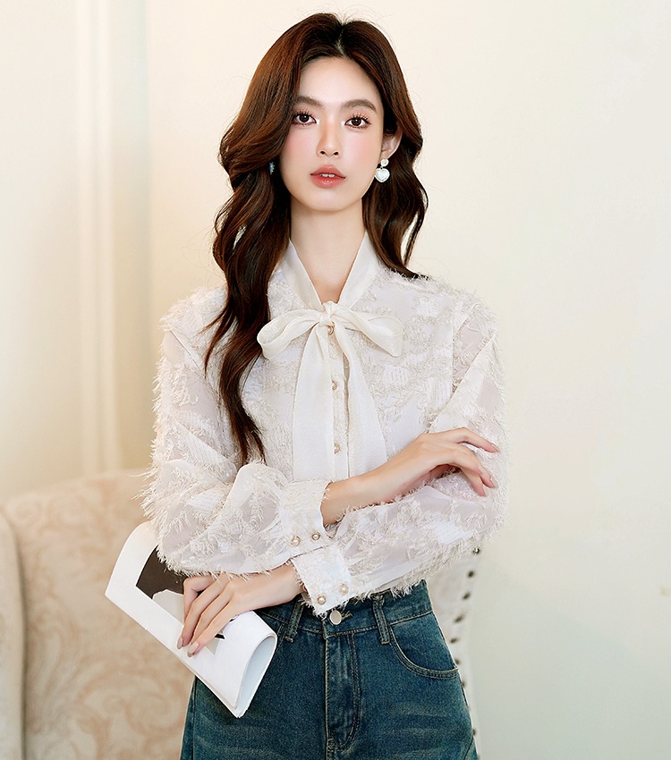 Bow chanelstyle chiffon tops long sleeve white shirt