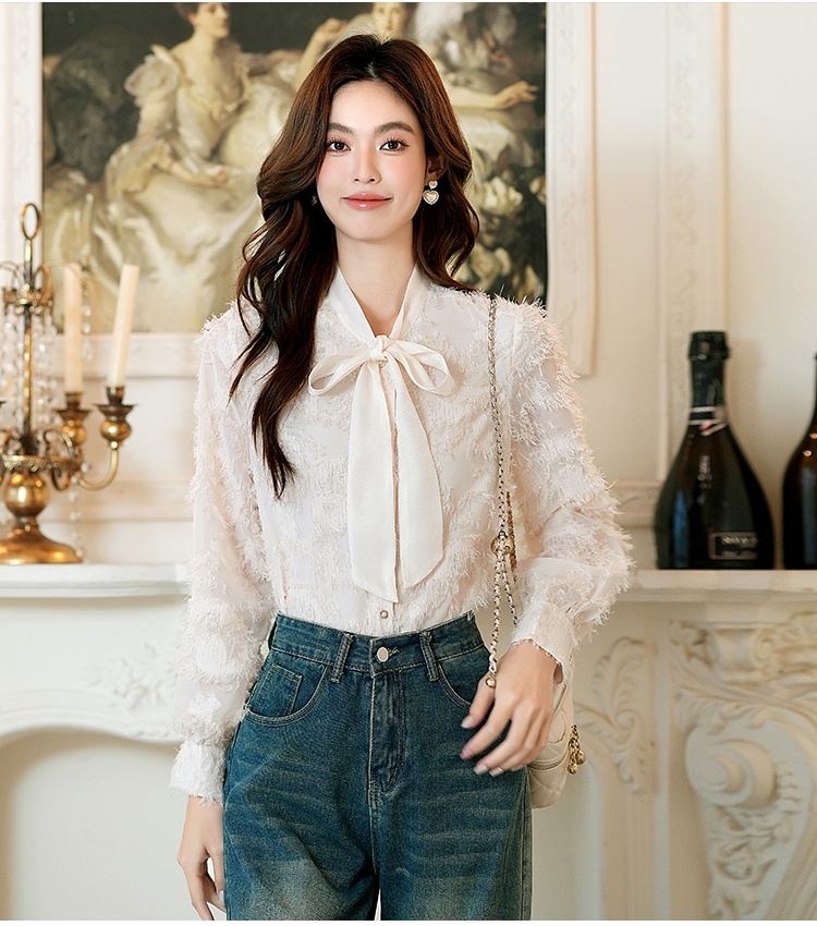 Bow chanelstyle chiffon tops long sleeve white shirt