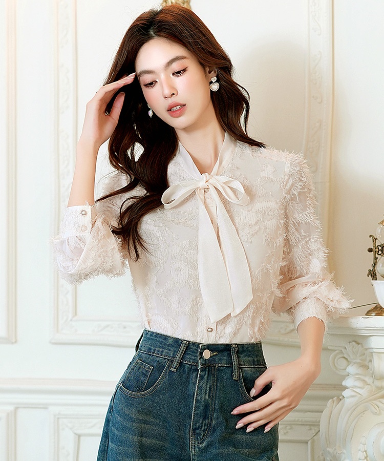 Bow chanelstyle chiffon tops long sleeve white shirt