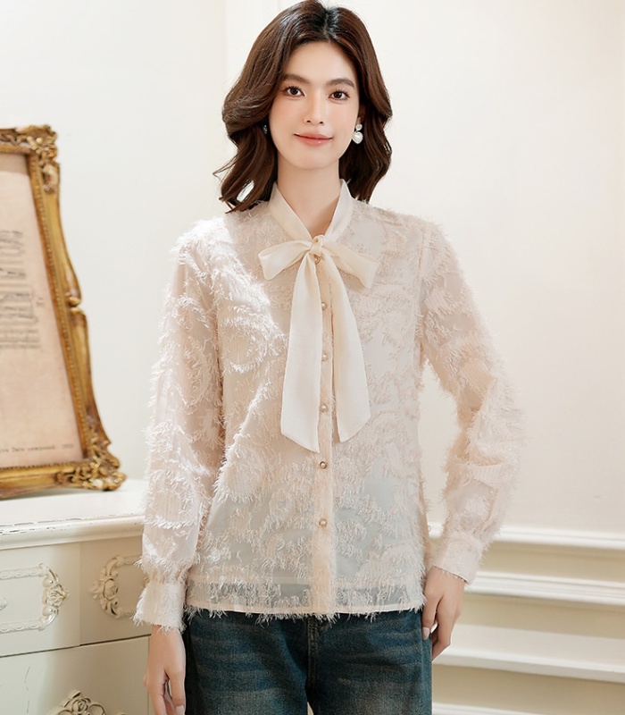Bow chanelstyle chiffon tops long sleeve white shirt