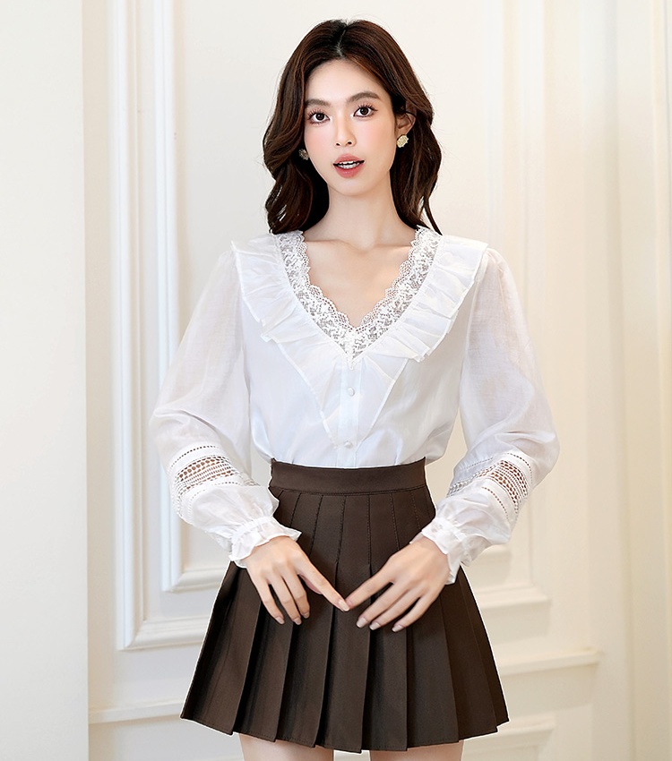 Long sleeve hollow shirt autumn white tops for women